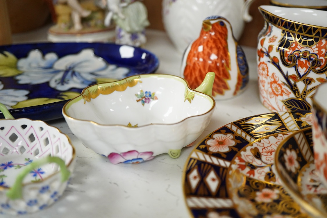 Assorted porcelain to include a Moorcroft oval dish - 23cm long, a collection of Royal Crown Derby teaware and a Robin paper weight, two Herend dishes etc